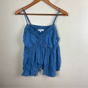 Talori Blue Gauze Cropped Spaghetti Strap Boho Tank‎ Top Blouse Lace Large Fairy